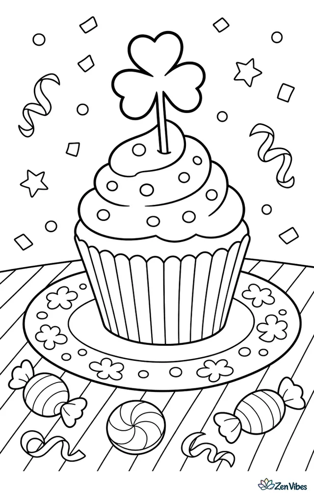 A frosted cupcake topped with a shamrock pick sits on a party plate, surrounded by confetti, candy pieces, ribbons, and a striped tablecloth.