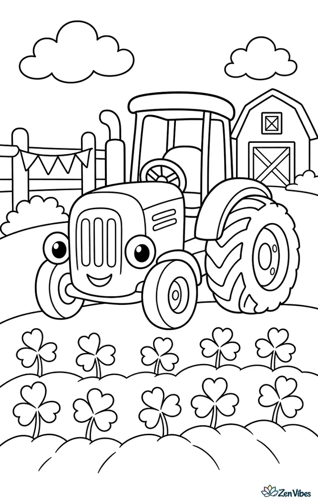 A small farm tractor rolls past rows of sprouting clover, with bunting on a fence, clouds overhead, and a barn in the distance.