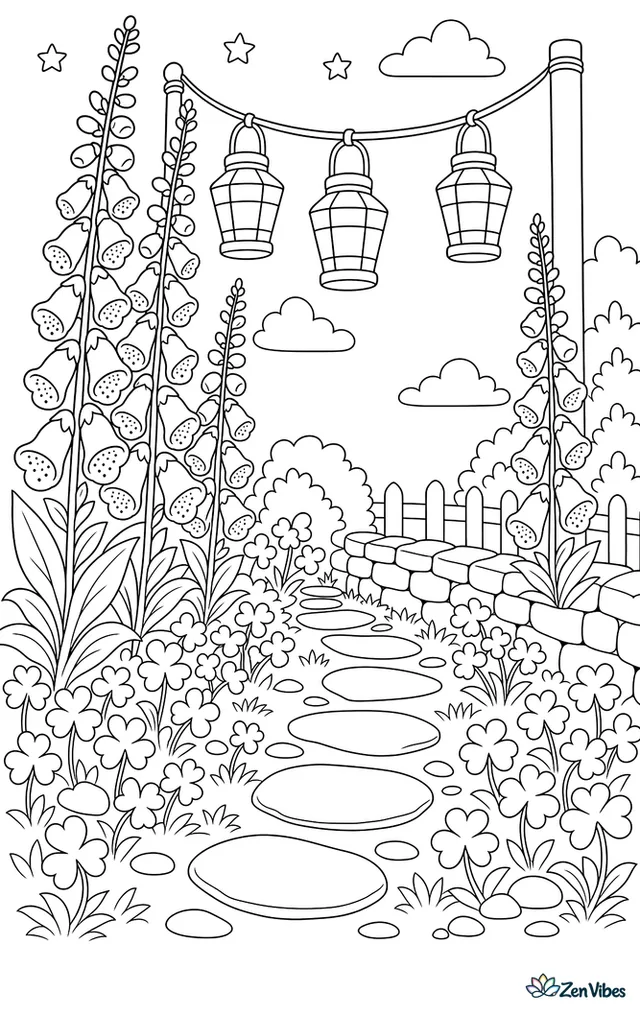Tall foxglove flowers line a winding garden path with hanging lanterns, while shamrock patches, stepping stones, and a low stone wall create a festive spring evening scene.