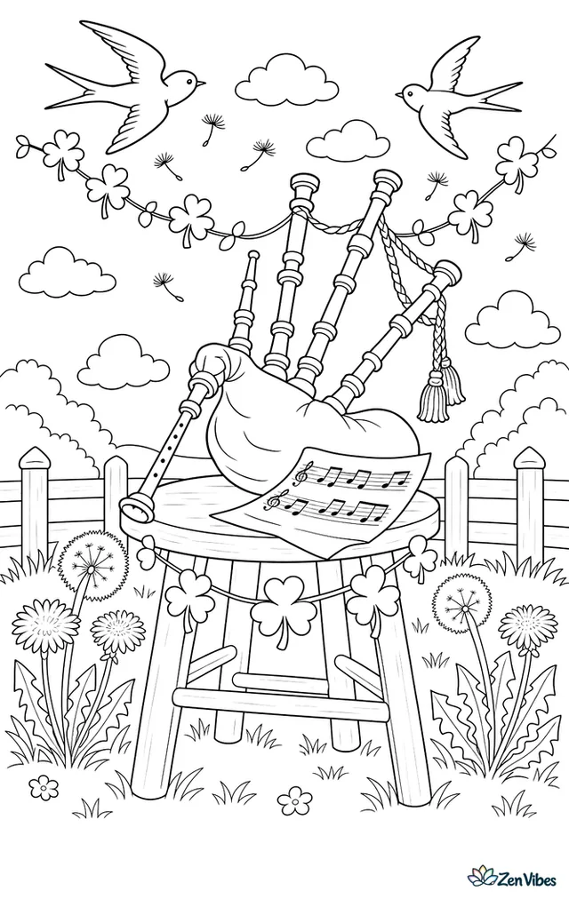 A set of bagpipes rests on a wooden stool in a meadow, with sheet music, shamrock garlands, dandelions, and swallows circling above.