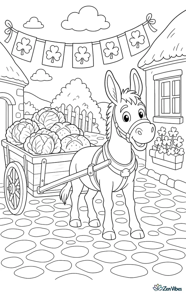 A friendly donkey pulls a cart filled with cabbages and soda bread down a village lane, with shamrock banners, cobblestones, and cottage windows nearby.