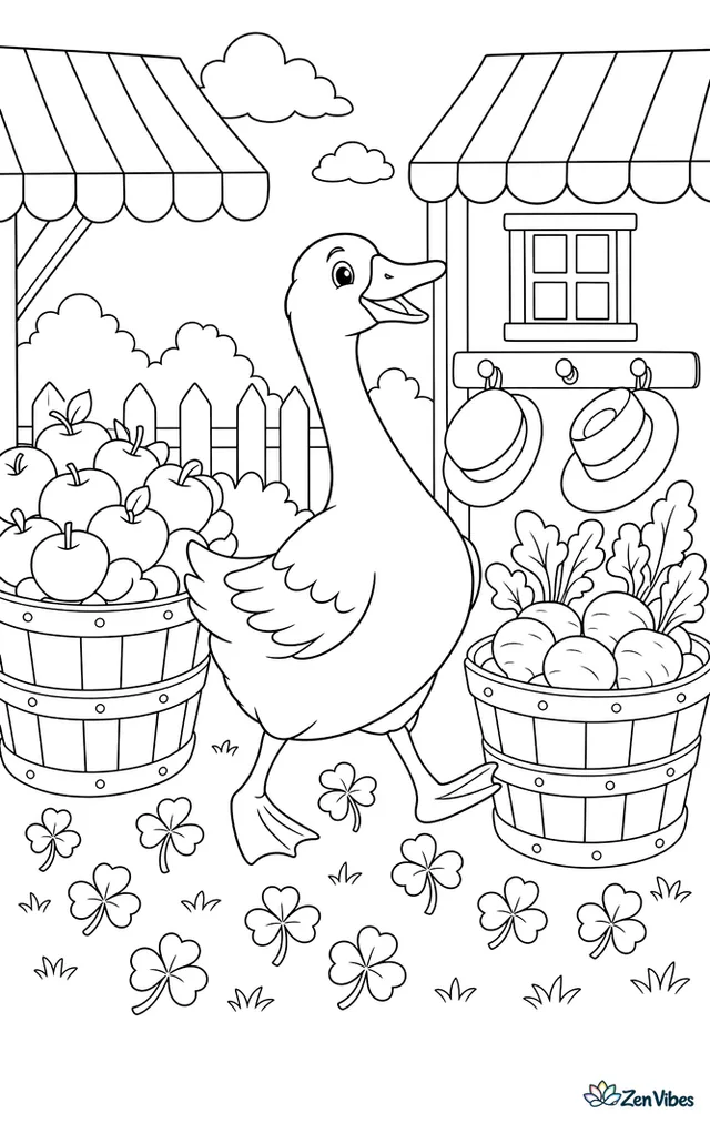 A proud goose walks between market baskets of apples and turnips, with clover underfoot, striped awnings, and townsfolk hats hanging on pegs.