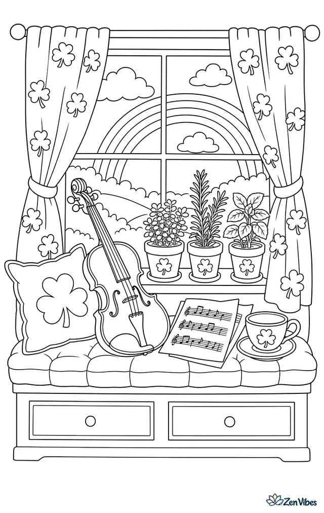 A violin rests on a cushioned window seat beside sheet music and a teacup, with shamrock curtains, potted herbs, and a rainbow visible outside.