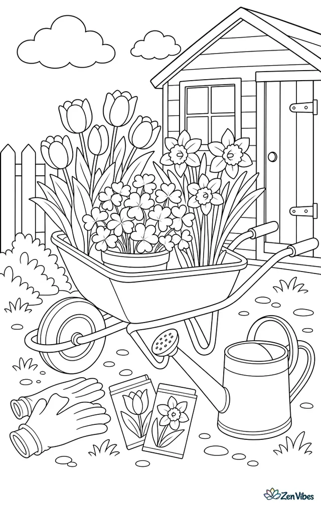 A garden wheelbarrow piled with tulips, daffodils, and shamrock pots stands beside a shed, with gloves, seed packets, and a watering can nearby.