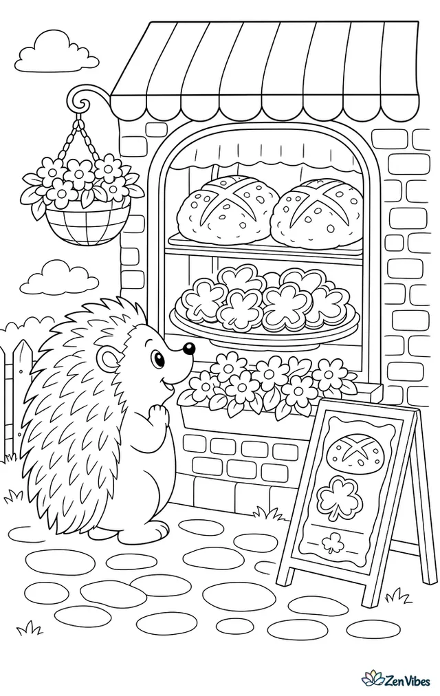 A hedgehog stands at a bakery window admiring loaves of soda bread and shamrock cookies, with flower boxes, brickwork, and a chalkboard menu outside.