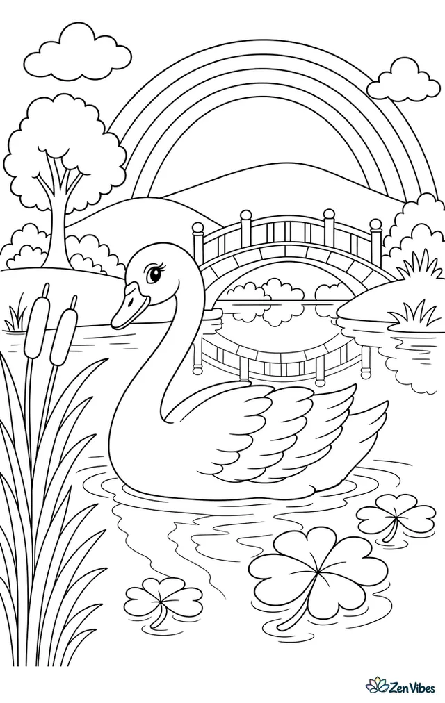 A graceful swan glides across a lake under a rainbow, with reeds, floating clover leaves, distant hills, and a footbridge reflected in the water.