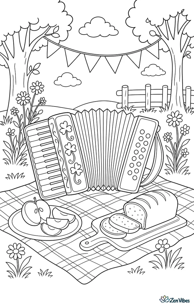 An accordion lies open on a picnic blanket beside sliced apples and bread, with shamrock embroidery, wildflowers, and fluttering pennants between nearby trees.