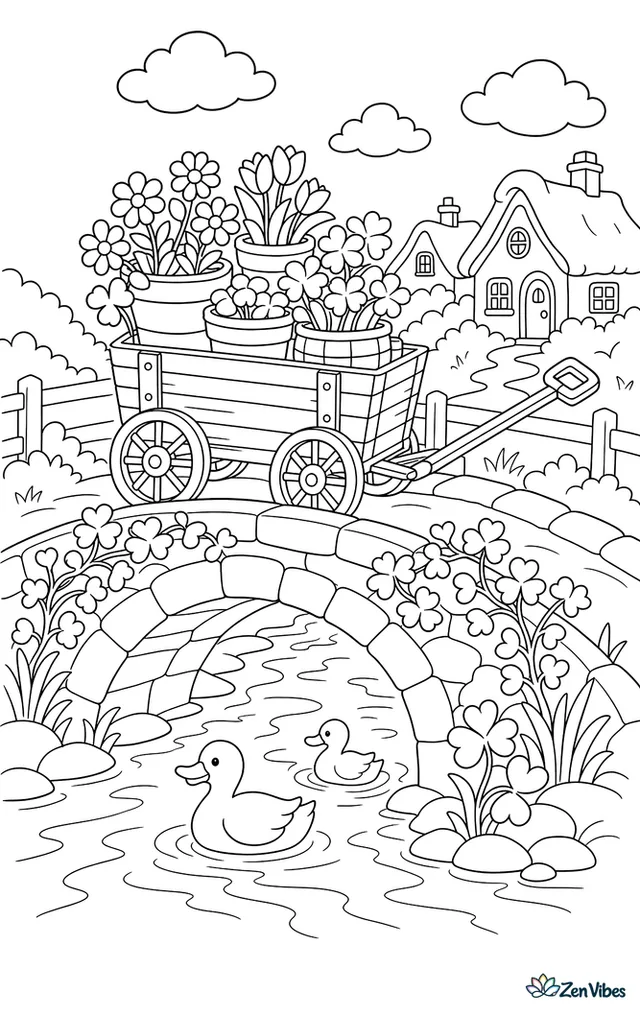 A wooden wagon filled with flowerpots crosses a stone bridge over a stream, with shamrock vines, ducks below, and cottages beyond the banks.