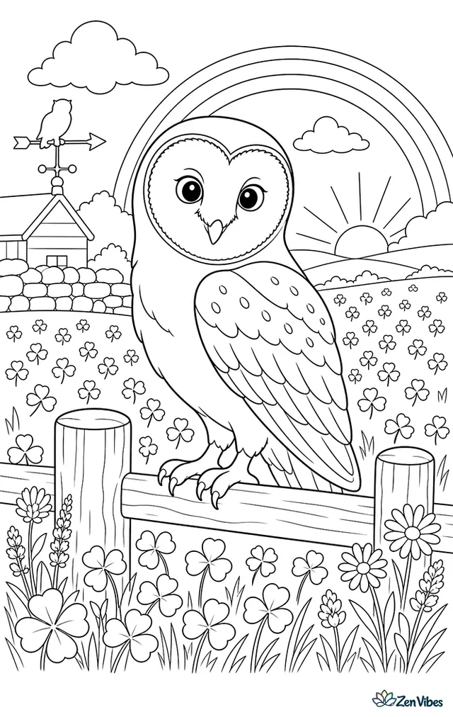 A barn owl perches on a fence at daybreak overlooking clover fields, with a weather vane, stone wall, wildflowers, and a pale rainbow in the distance.