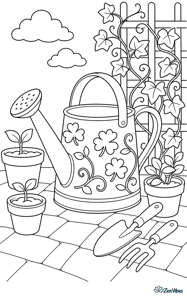A watering can decorated with shamrocks sits on a tiled patio, surrounded by terracotta pots, seedlings, garden tools, and curling ivy on a trellis.