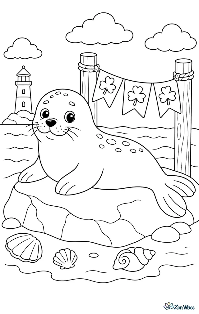 A harbor seal lounges on a rock near shore, with shamrock bunting on nearby posts, gentle waves, seashells, and a lighthouse far behind.