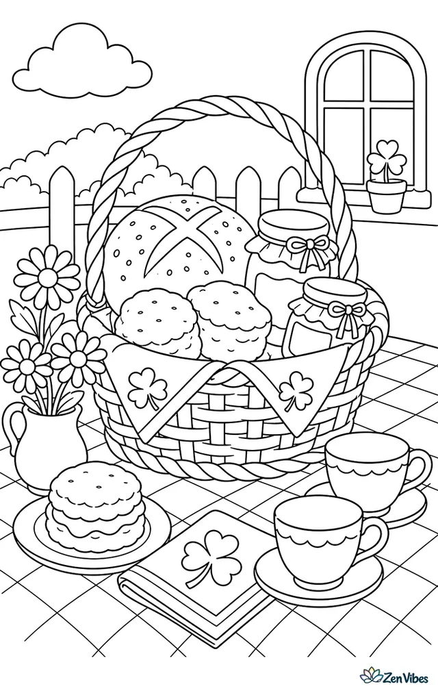 A woven basket holds soda bread, scones, and jam jars on a checkered cloth, with shamrock napkins, daisies, and teacups arranged around it.
