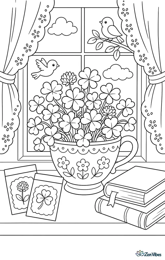A patterned teacup holds blooming clover on a sunny windowsill, with lace curtains, seed envelopes, stacked books, and tiny birds outside the pane.