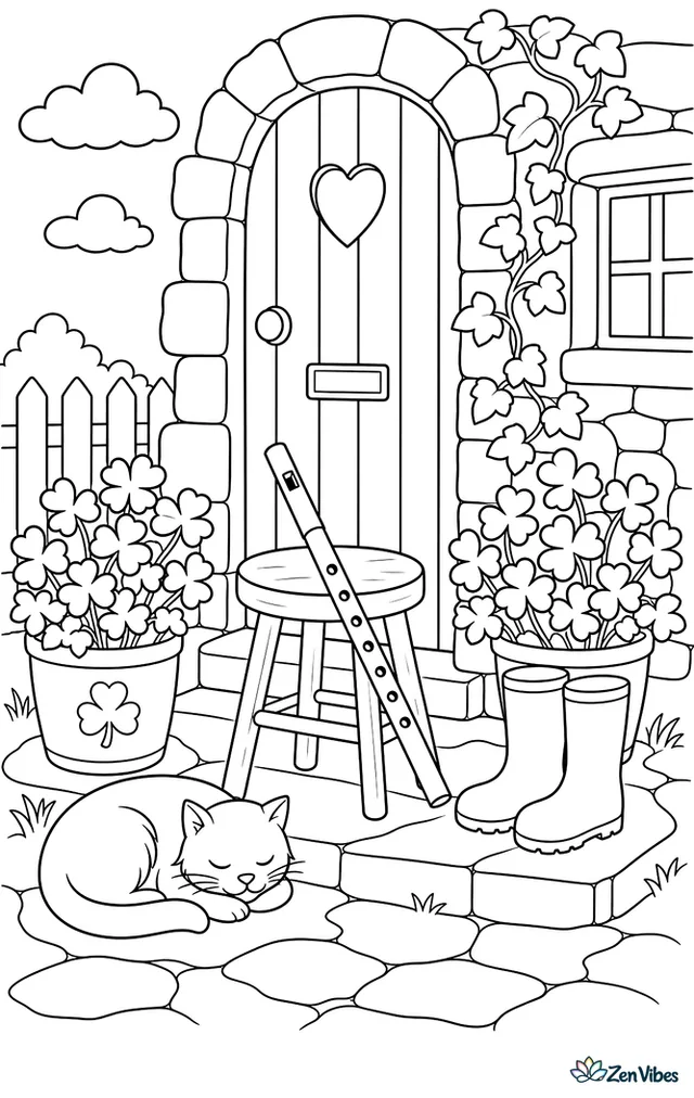 A tin whistle and wooden stool sit on a cottage doorstep, with shamrock planters, a sleeping cat, rain boots, and ivy climbing the stone walls.