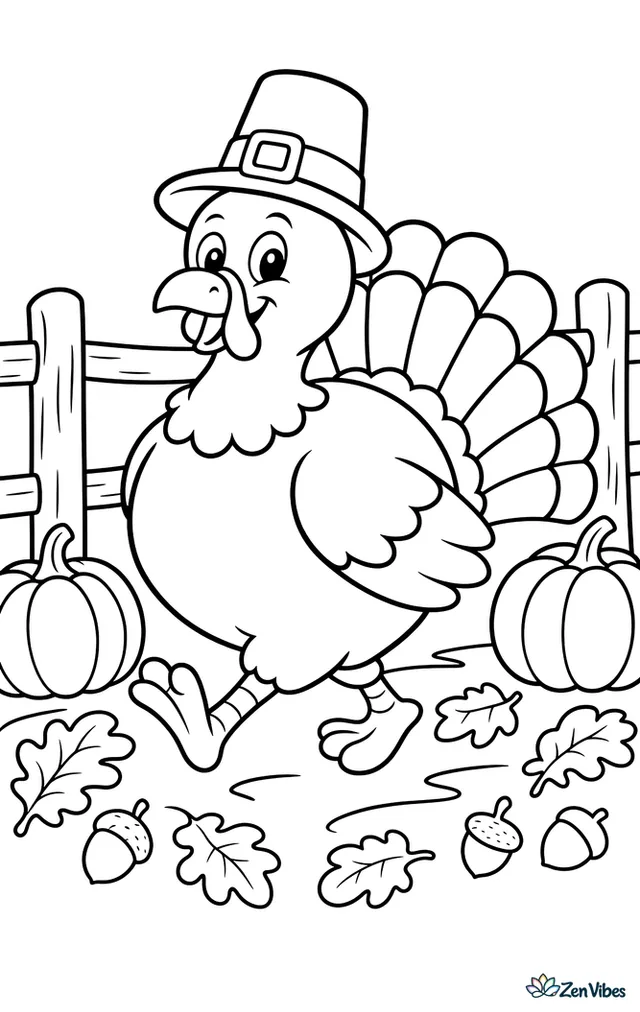 A plump bronze turkey struts along a leaf-strewn path wearing a pilgrim hat, while pumpkins, acorns, oak leaves, and a split-rail fence fill the cheerful autumn farmyard.