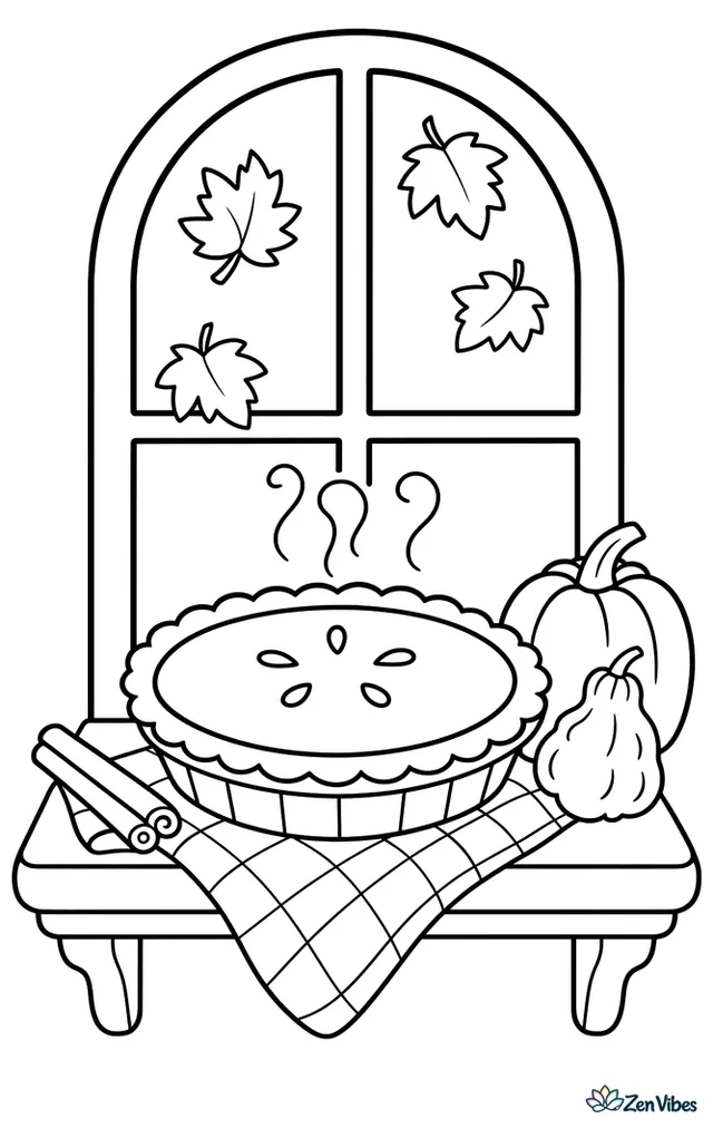 A round pumpkin pie rests on a windowsill to cool, with steam curls, a checked towel, cinnamon sticks, and small gourds beside a window overlooking falling maple leaves.