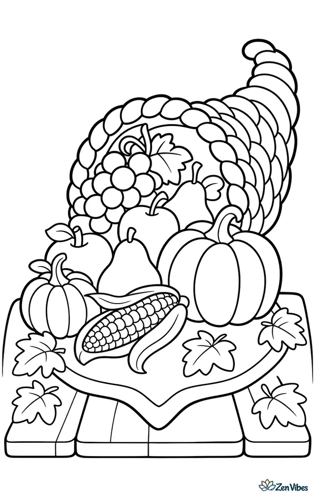 A woven cornucopia spills apples, pears, grapes, corn, and pumpkins onto a wooden table, surrounded by scattered leaves and a simple table runner for a classic Thanksgiving centerpiece.