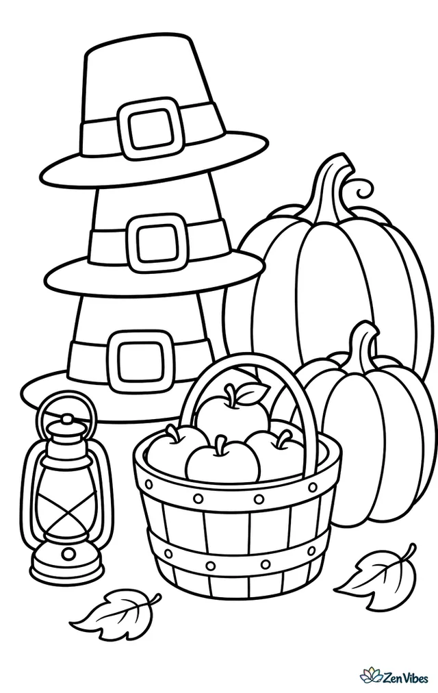 Three pilgrim hats are stacked beside two pumpkins and a basket of apples on a porch, with a few windblown leaves and a lantern creating a simple holiday scene.