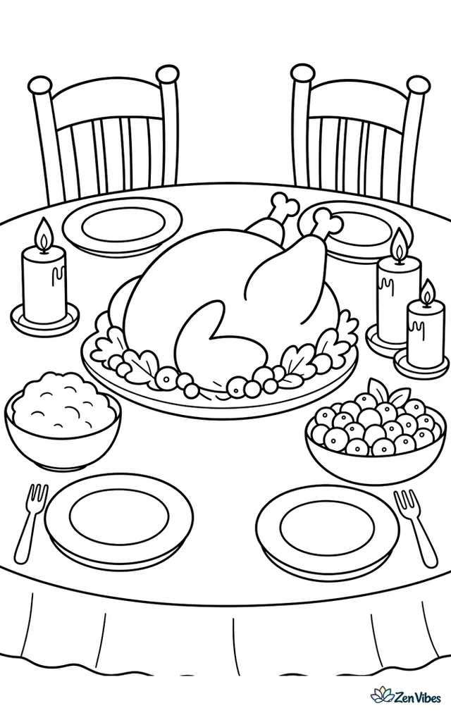 A golden roasted turkey sits on a serving platter at the center of a dinner table, surrounded by mashed potatoes, cranberries, candles, plates, and chairs waiting for guests.