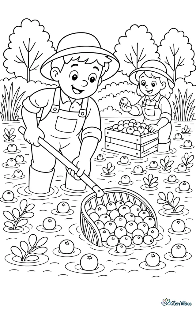 Rubber-booted farmers gather bright cranberries in a flooded bog, with floating berries, wooden crates, reeds, and distant trees glowing with orange and yellow autumn foliage.