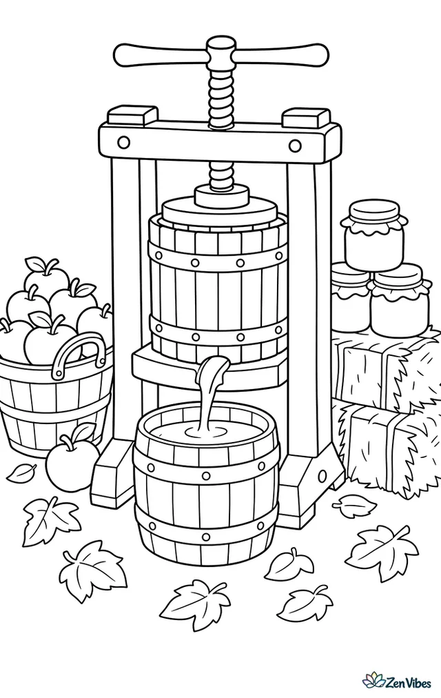 An old-fashioned cider press squeezes red apples into a barrel, while baskets of fruit, stacked jars, hay bales, and fallen leaves decorate the orchard work area.