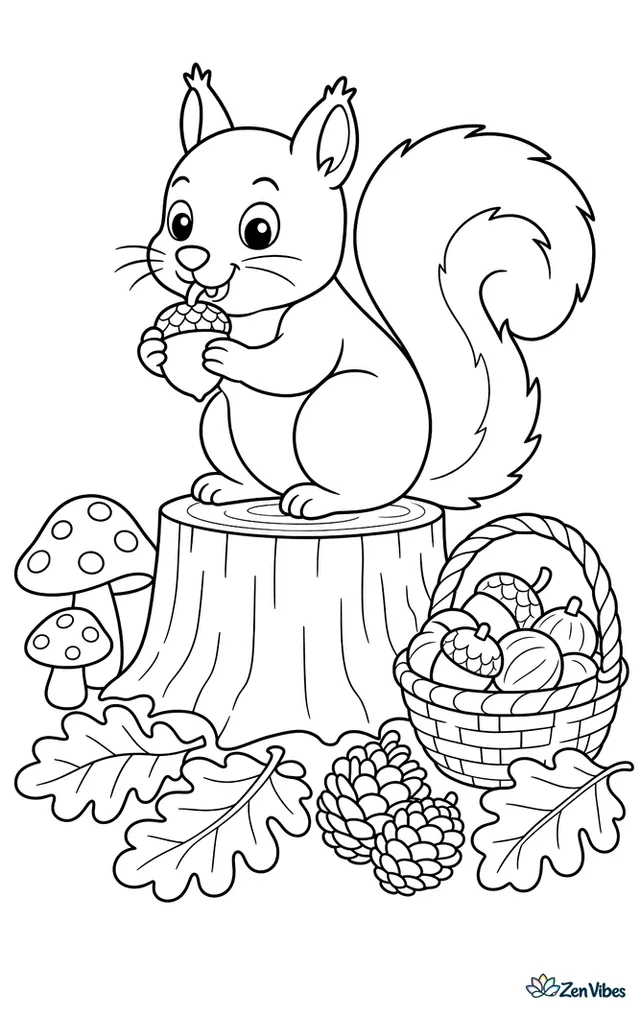 An eastern gray squirrel sits on a tree stump nibbling an acorn, with mushrooms, oak leaves, pinecones, and a basket of harvested nuts nearby in a crisp autumn forest.