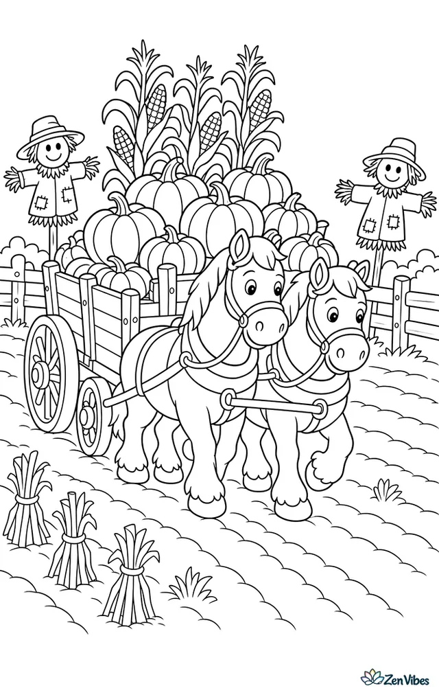 A wooden farm wagon piled with pumpkins and corn stalks rolls through a field, pulled by two draft horses past scarecrows, fences, and rows of harvested crops.