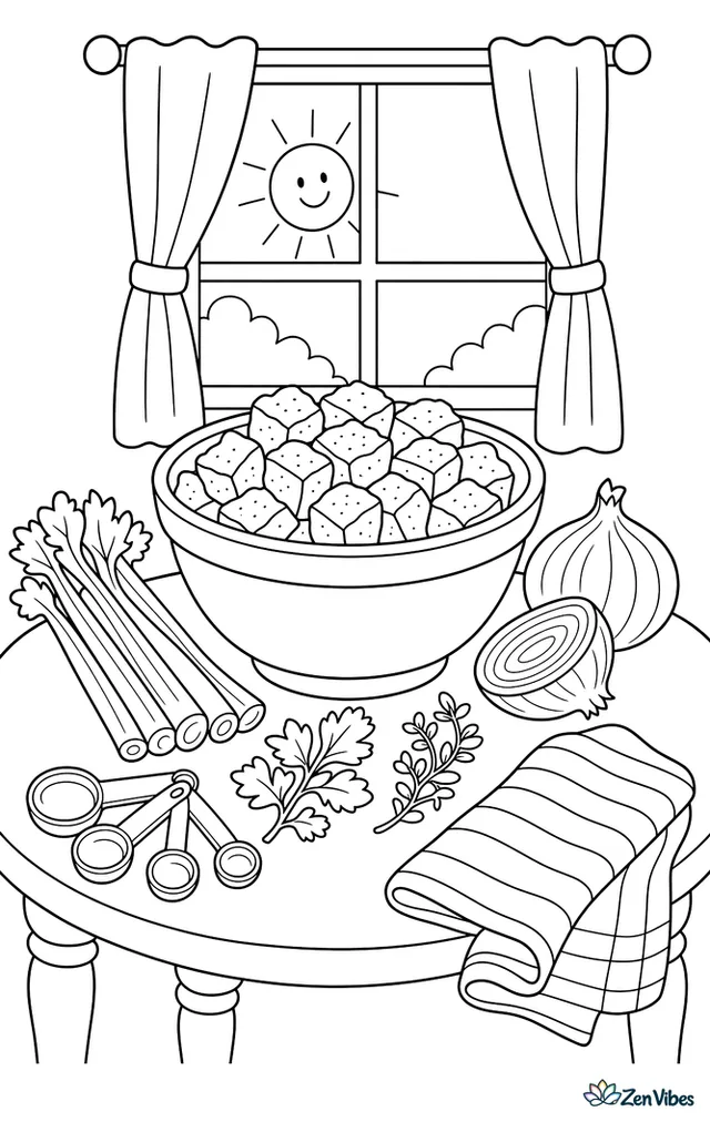 A kitchen table holds bread cubes, celery, onions, herbs, and a mixing bowl for stuffing, with measuring spoons, a striped towel, and a sunny window above.