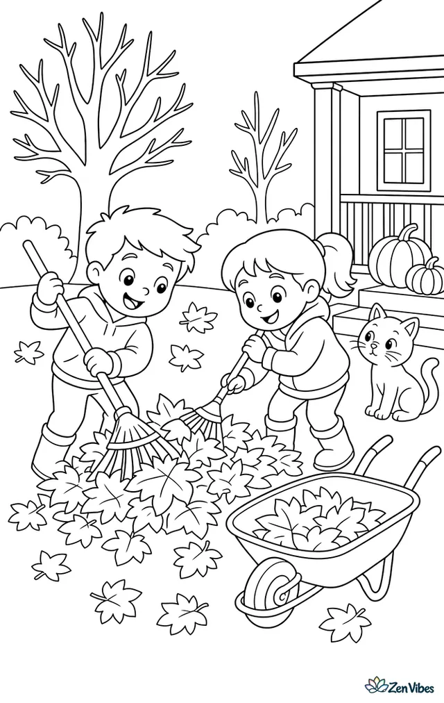 Children rake heaps of red and gold maple leaves in a backyard, with a wheelbarrow, pumpkins on the porch, bare trees, and a curious cat watching nearby.
