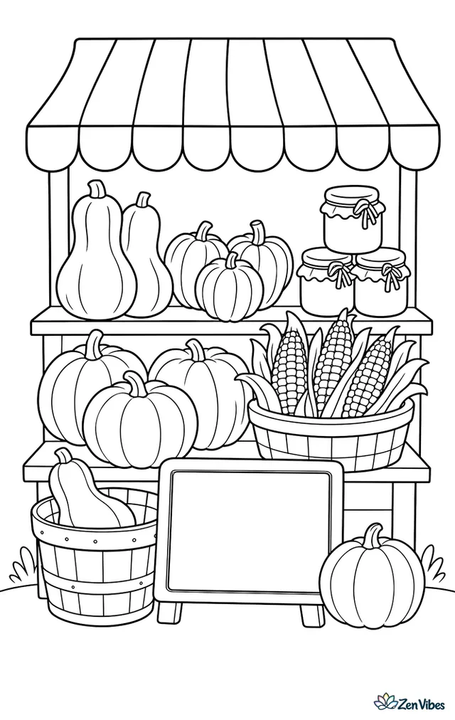 A farm stand displays butternut squash, acorn squash, white pumpkins, Indian corn, and jars of jam, beneath a striped awning with chalkboard signs and baskets.
