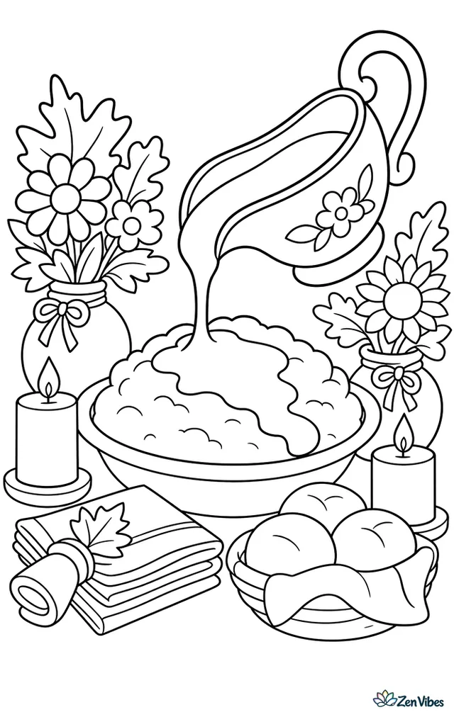 A china gravy boat pours rich gravy over mashed potatoes on a Thanksgiving table, surrounded by napkins, candles, rolls, and small vases of autumn flowers.