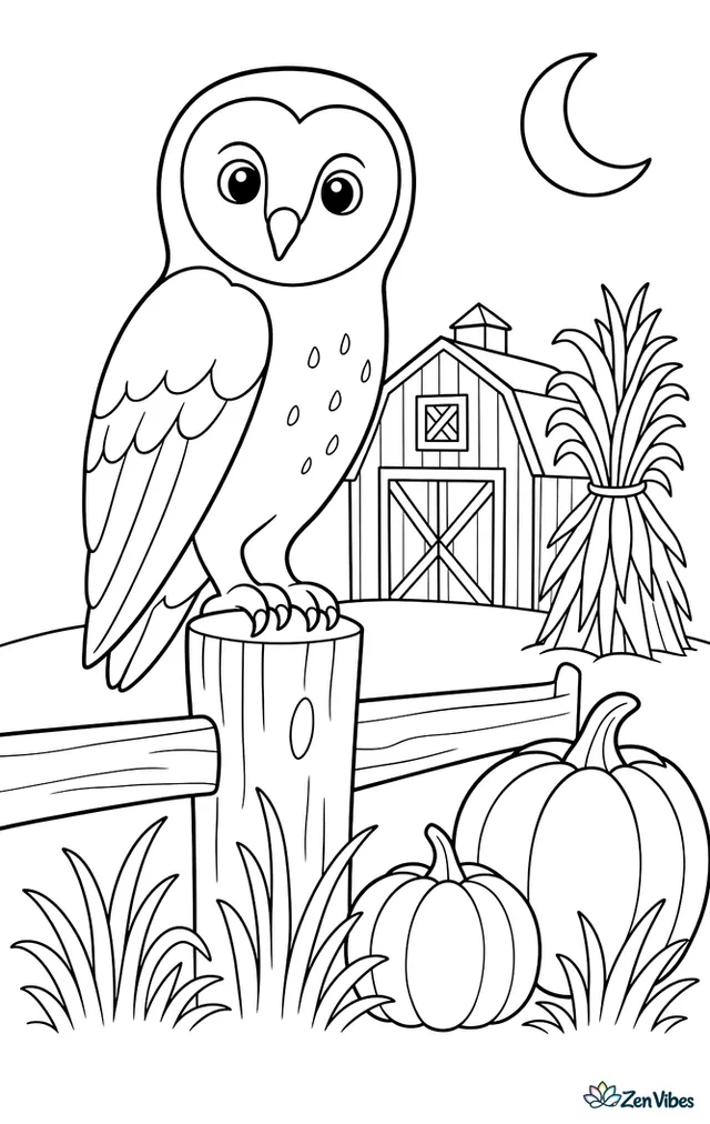A barn owl perches on a fence post at dusk near a red barn, with corn shocks, a crescent moon, pumpkins, and rustling grasses in the cool autumn evening.