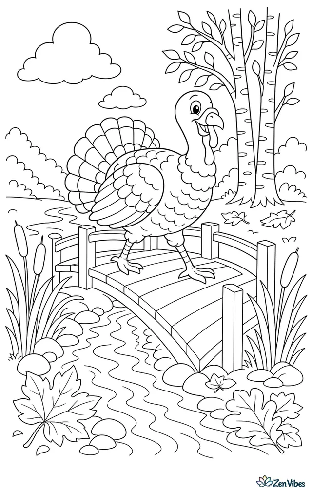 A wild turkey walks across a wooden footbridge over a narrow creek, while cattails, smooth stones, colorful leaves, and distant birch trees frame the calm woodland scene.