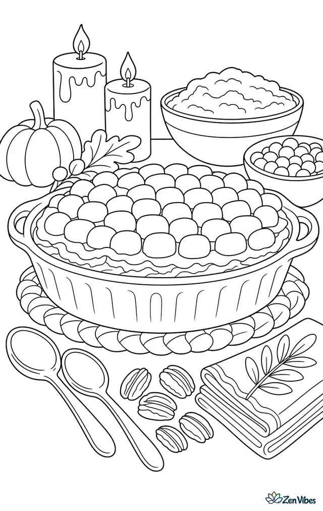 A baked sweet potato casserole topped with marshmallows sits on a trivet, with serving spoons, folded napkins, pecans, candles, and side dishes arranged around the holiday table.
