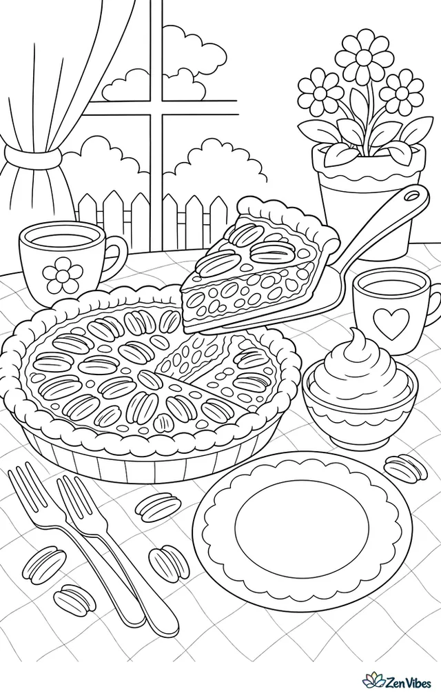 A slice of pecan pie is being lifted from a pie dish, with a dessert plate, whipped cream bowl, forks, coffee cups, and scattered pecans on a patterned cloth.