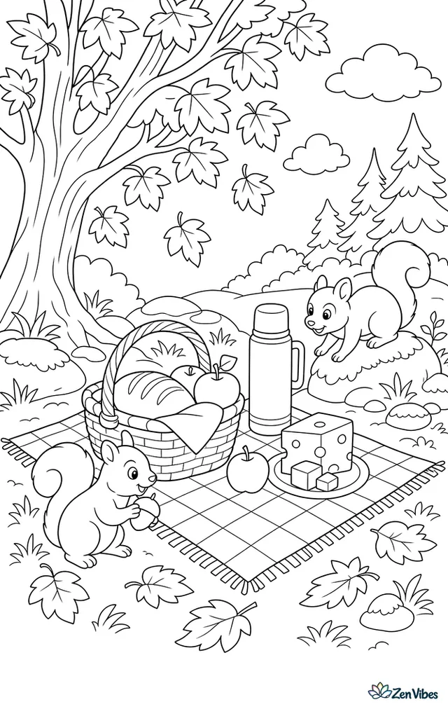 A Thanksgiving picnic blanket in the woods holds bread, apples, cheese, and a thermos, while squirrels explore nearby and tall maples drop leaves onto mossy rocks.
