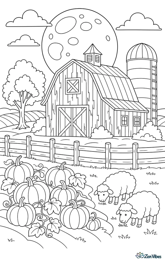 A large harvest moon rises behind a weathered barn and silo, with pumpkin rows, a fence, grazing sheep, and wisps of clouds above rolling autumn farmland.