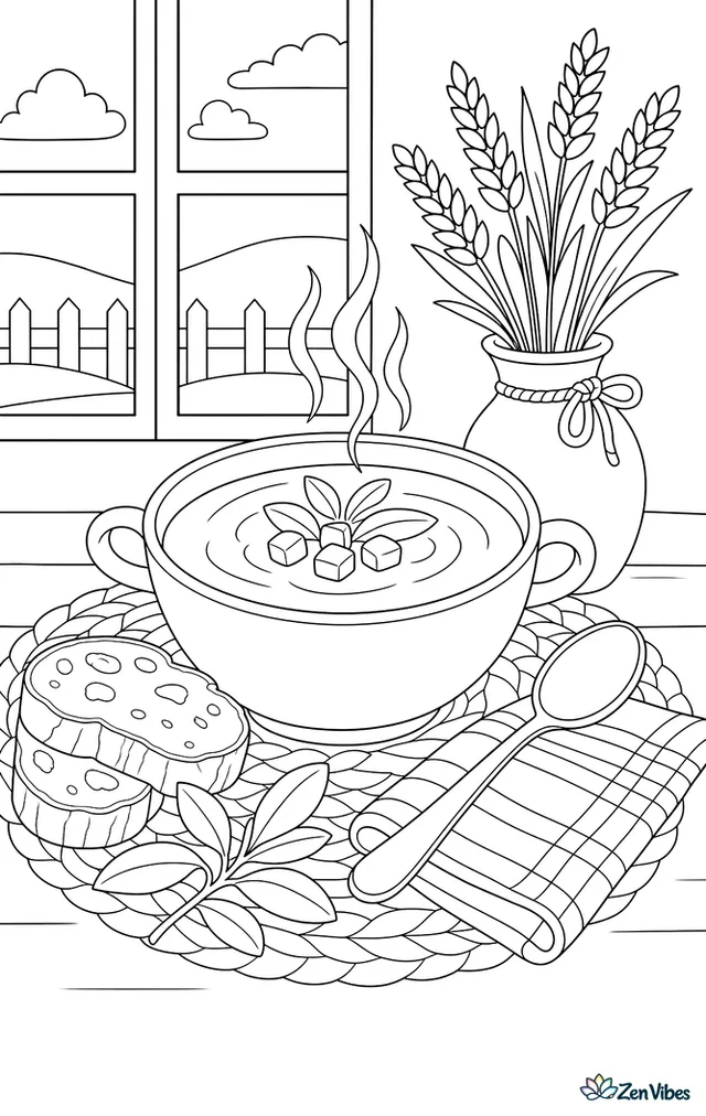 A steaming bowl of butternut squash soup sits on a placemat with crusty bread, a spoon, sage leaves, striped napkin, and a vase of dried wheat stems.