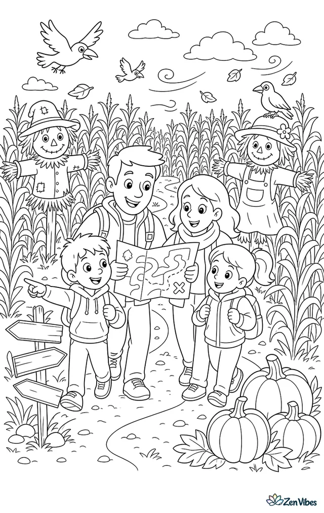 A family follows a winding path through a tall corn maze, carrying a map past scarecrows, signposts, pumpkins, and fluttering crows under a breezy autumn sky.