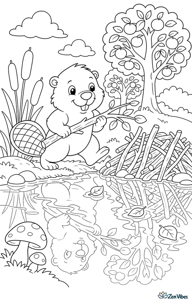 A beaver carries a branch toward its dam in a woodland creek, with cattails, floating leaves, smooth logs, mushrooms, and orange trees mirrored in the water.