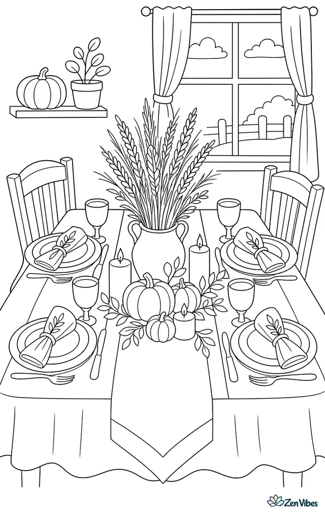 A dining table is set with a centerpiece of dried wheat, mini pumpkins, candles, plates, goblets, and folded napkins, ready for a warm Thanksgiving meal.