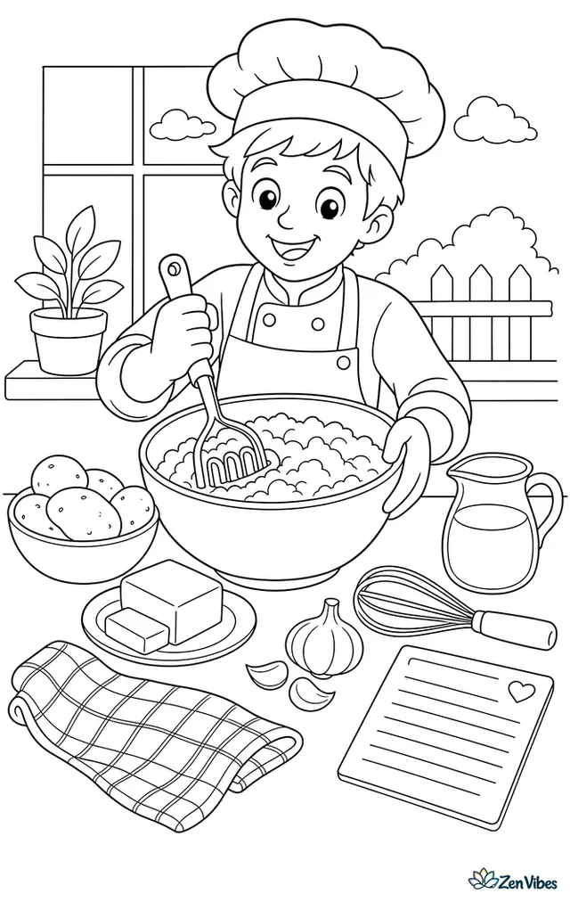 A cook mashes boiled potatoes in a large bowl with butter and milk nearby, while garlic bulbs, a whisk, tea towel, and recipe card cover the counter.