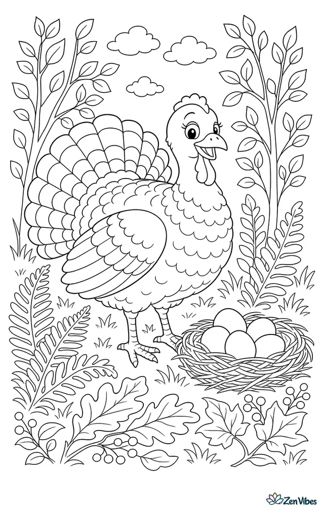 A hen wild turkey stands in a grassy clearing beside her nest, surrounded by ferns, fallen leaves, berries, and slender saplings in a peaceful autumn woodland.