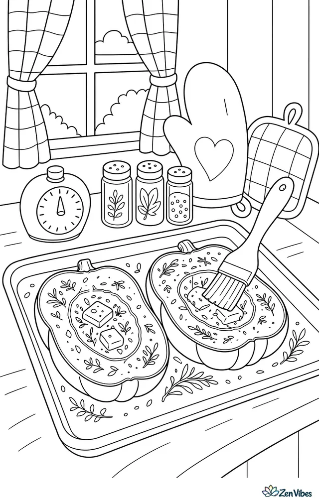 Halved acorn squash roast on a baking tray, brushed with butter and herbs, while oven mitts, spice jars, a timer, and checked curtains brighten the kitchen.