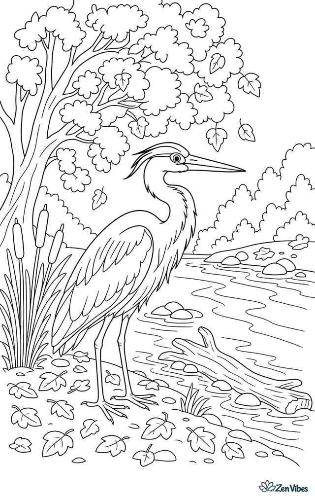 A great blue heron stands beside a slow river under yellow cottonwoods, with reeds, driftwood, ripples, and leaf-covered banks creating a serene late-autumn landscape.