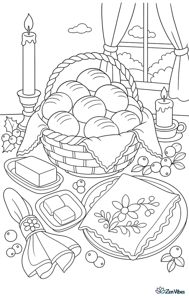 A cloth-lined basket overflows with dinner rolls on a festive table, surrounded by butter dishes, napkin rings, cranberries, candles, and embroidered place settings.