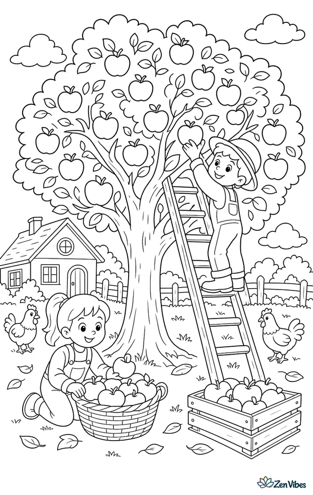 A wooden ladder leans against a loaded apple tree while pickers fill baskets below, with crates, a farmhouse, chickens, and drifting leaves across the orchard.
