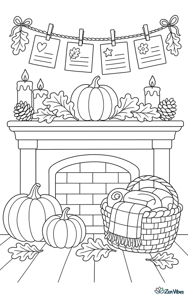 Handwritten thankful notes hang on a twine garland above a mantel, with pumpkins, candles, oak leaves, pinecones, and a basket of blankets below.