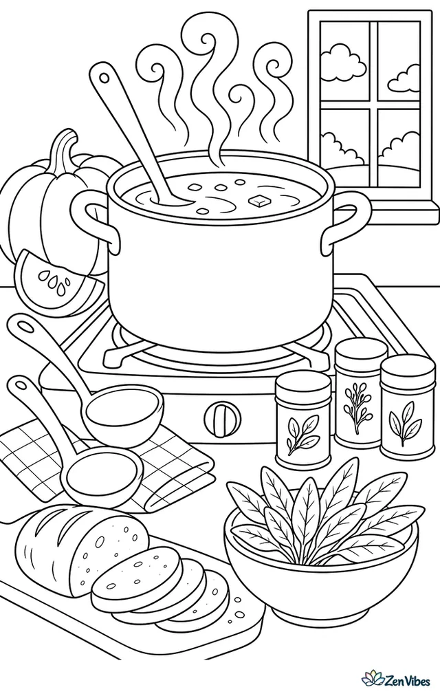 A stockpot of pumpkin soup is being stirred on the stove, with ladles, spice tins, sliced bread, steam curls, and a bowl of sage leaves nearby.