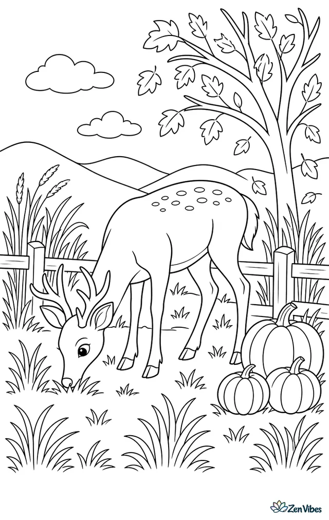 A white-tailed deer grazes in a meadow at dusk, bordered by golden grasses, pumpkins near a fence, distant hills, and trees shedding their last leaves.